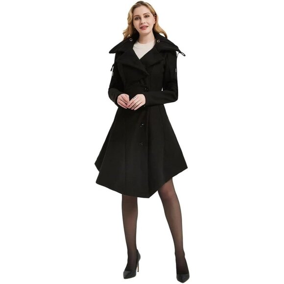Women Black Trench Coat Goth Lapel Peacoat Wool Winter Thick Hood Pea Jacket - Picture 6 of 7